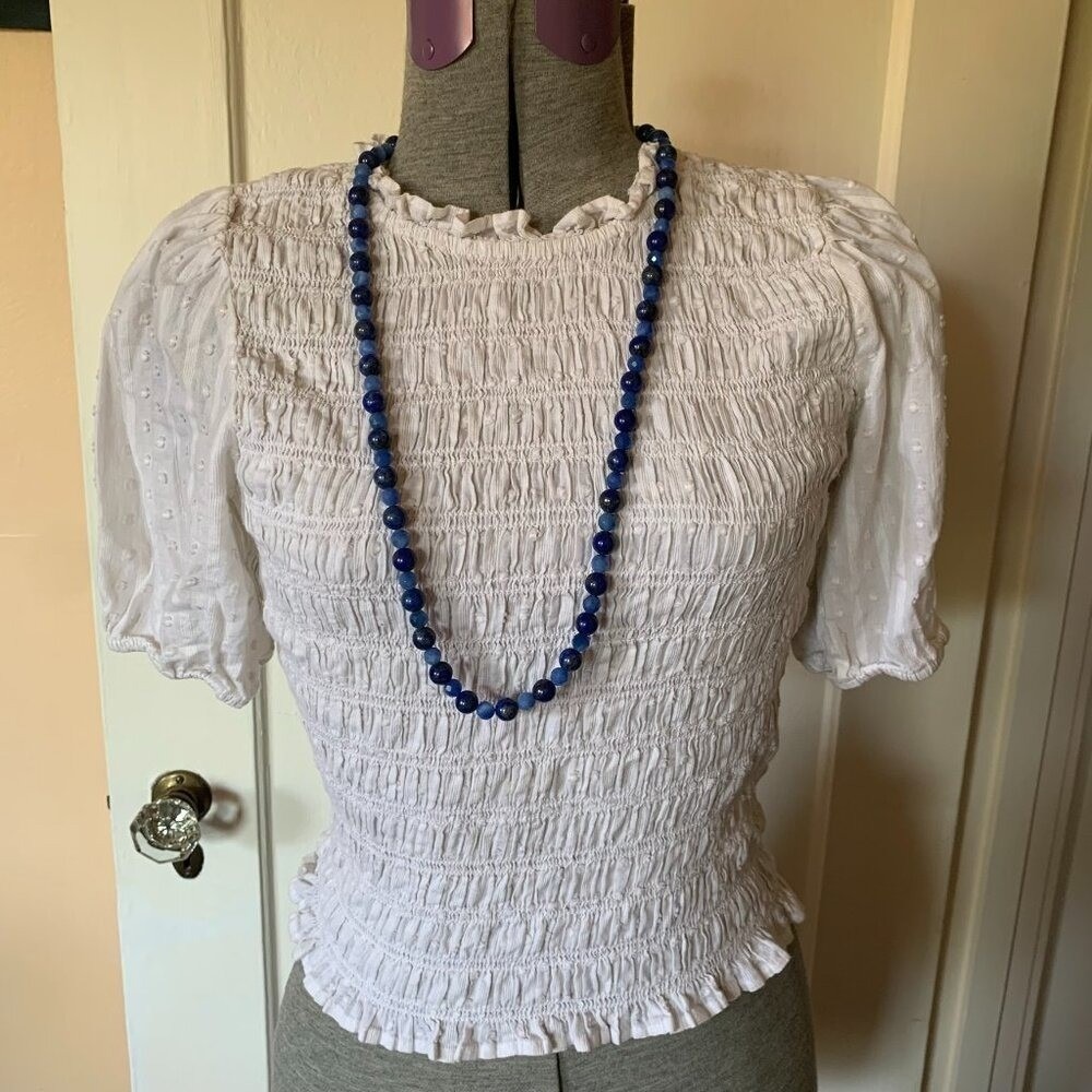 Blue Lapis Lazuli and Agate Beaded Long Necklace Adjustable 35 Inch